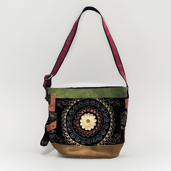Lucky Brand Vintage Embroidered Flower Boho Bucket Tote Bag Crossbody Cowhide - Picture 1 of 11